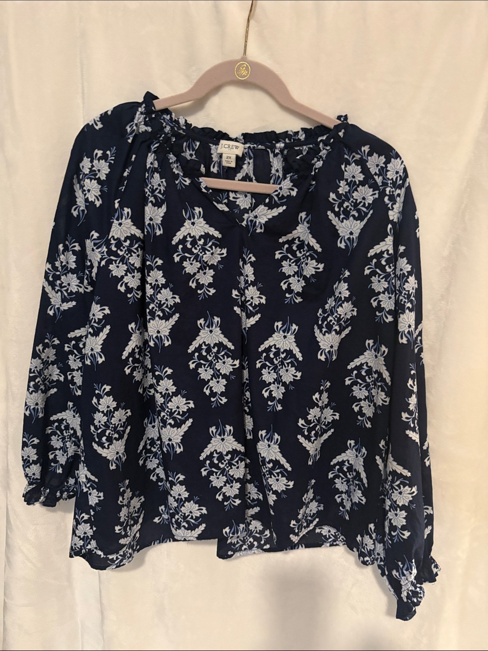 J. Crew Navy and White Floral Peasant Top